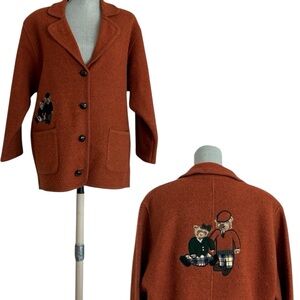Vintage 100% Wool Rust Orange Teddy Appliqué Wool-Blend Coat